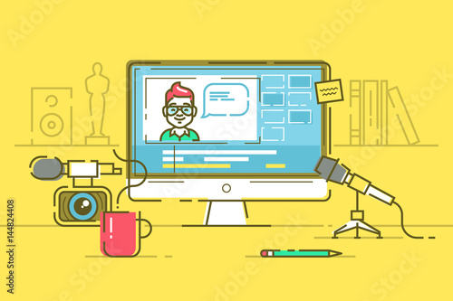 Workplace of blogger or video editor with monitor and interface of application for video editing process. Professional camera and microphone for recording. Cool modern vector illustration. Thin lines.