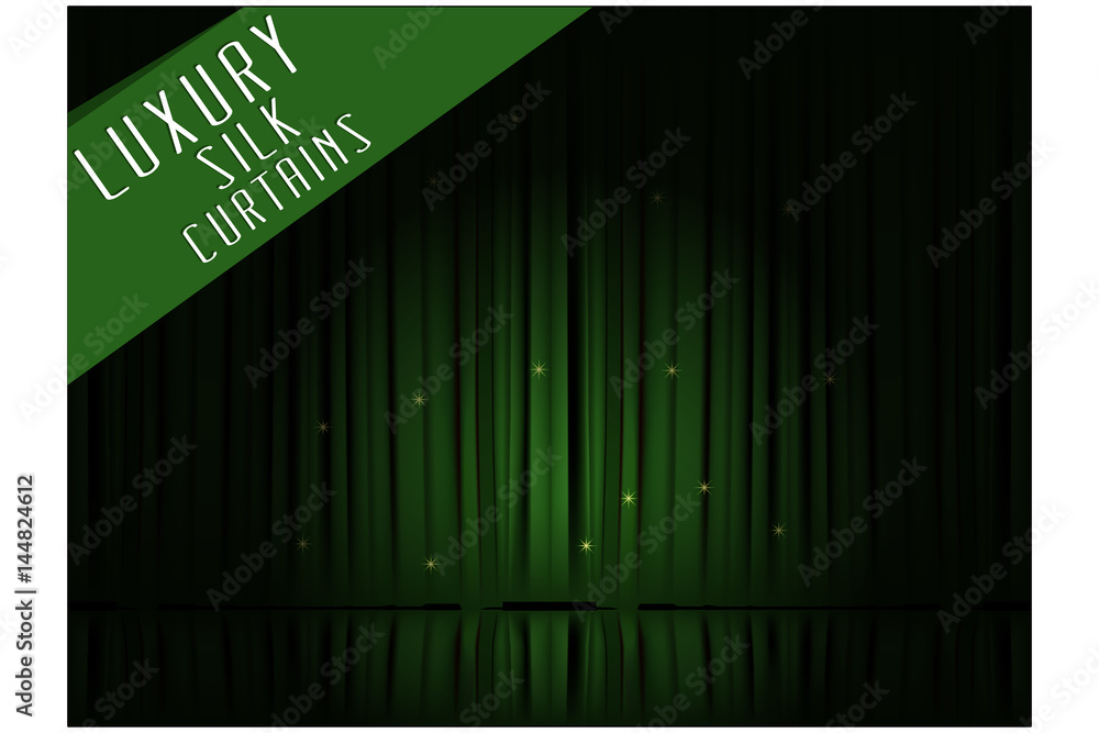 Green theater silk curtains. Vector illustration. Green theater silk curtains. Vector illustration.
