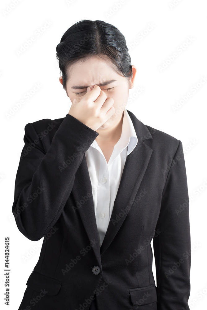 Nose pain symptom in a woman isolated on white background. Clipping path on white background. Nose pain symptom in a woman isolated on white background. Clipping path on white background.