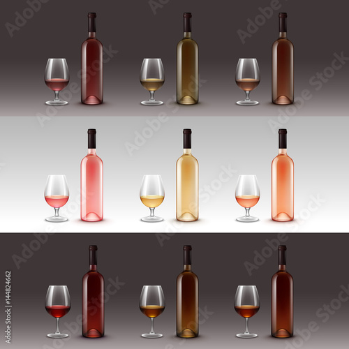 Vector Set of Wine Bottles and Glasses Isolated on Background