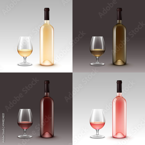 Vector Set of Wine Bottles and Glasses Isolated on Background