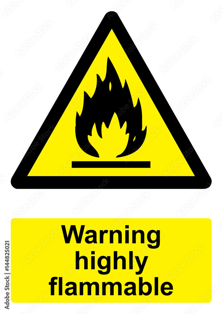 Black and Yellow Warning Sign isolated on a white background - Highly flammable Black and Yellow Warning Sign isolated on a white background - Highly flammable