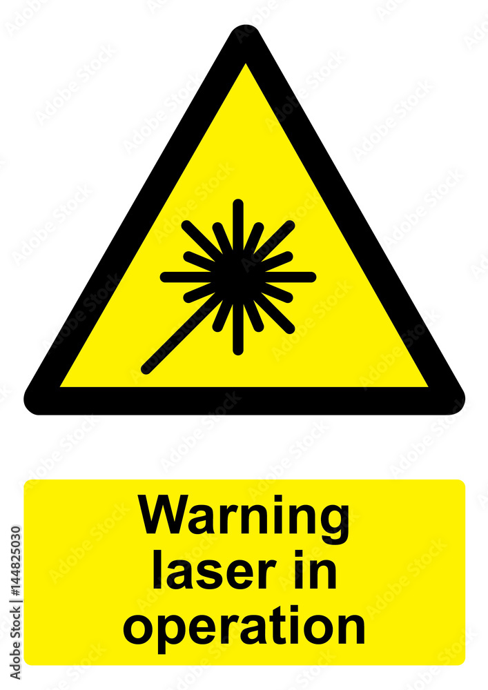 Black and Yellow Warning Sign isolated on a white background - Laser in operation Black and Yellow Warning Sign isolated on a white background - Laser in operation