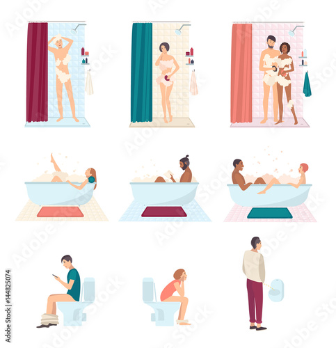 People in bathroom wash and using toilet, everyday hygiene. Couple take a shower, man pissing in a urinal, guy reading in the bath. Colorful flat illustrations set.