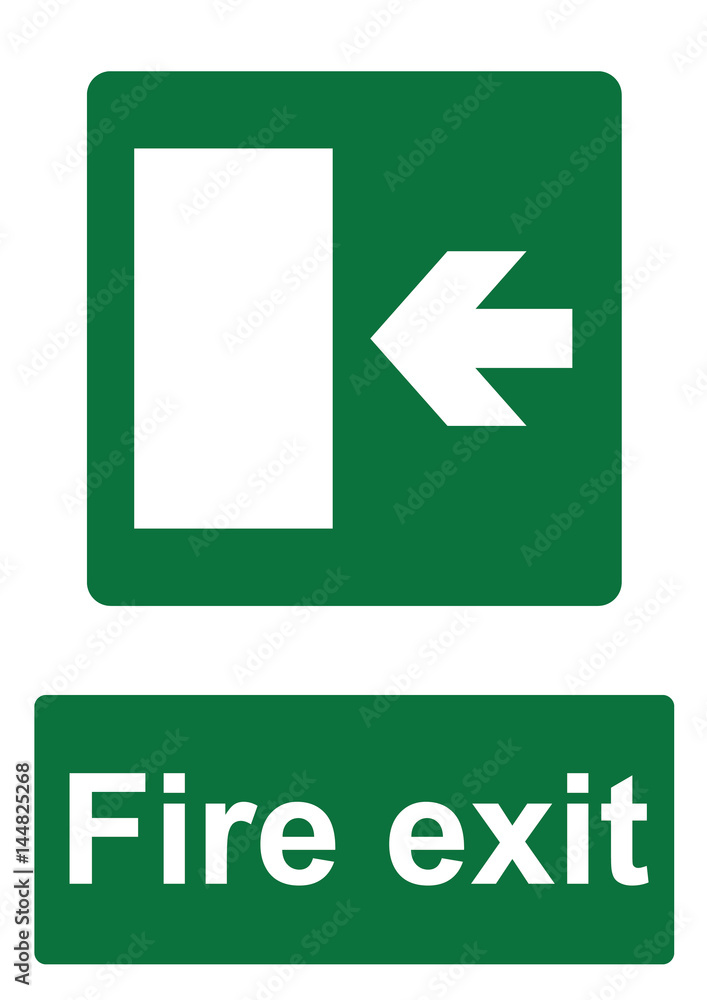 Green Fire Evacuation Sign isolated on a white background - Fire exit left with door Green Fire Evacuation Sign isolated on a white background - Fire exit left with door
