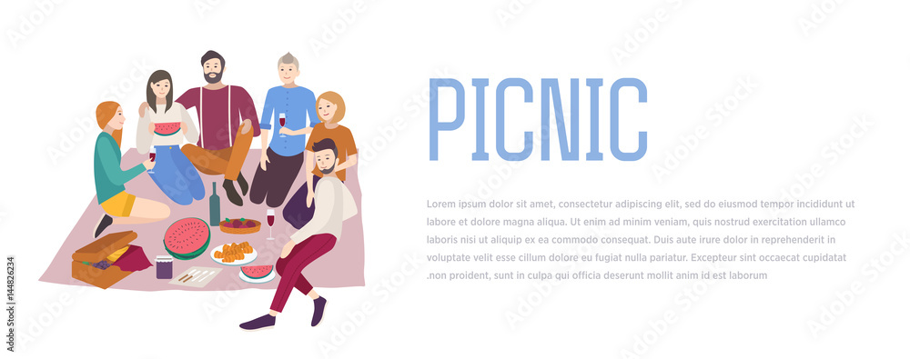 Picnic, vector illustration. Friends company together, outdoor relax. people recreation scene in flat style. Background, banner with place for text.