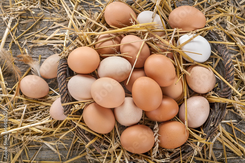 Free range eggs in a basket on a rustic background