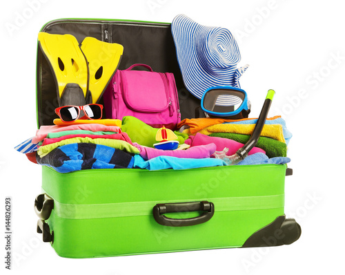 Suitcase  Open Packed Travel Luggage  Vacation Bag Full of Clothes Baggage  Isolated over White Background