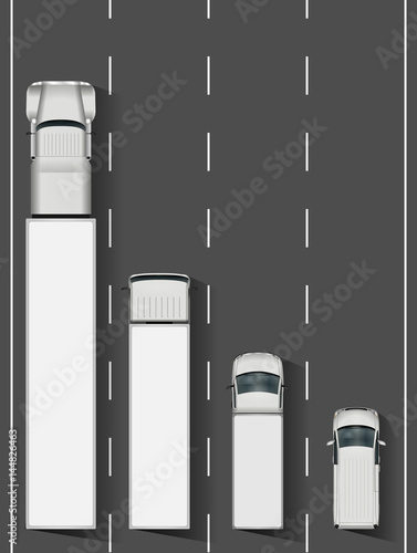 Trucks on the road vector illustration. Highway with cargo vehicles from top view. All layers and groups well organized for easy editing and recolor.