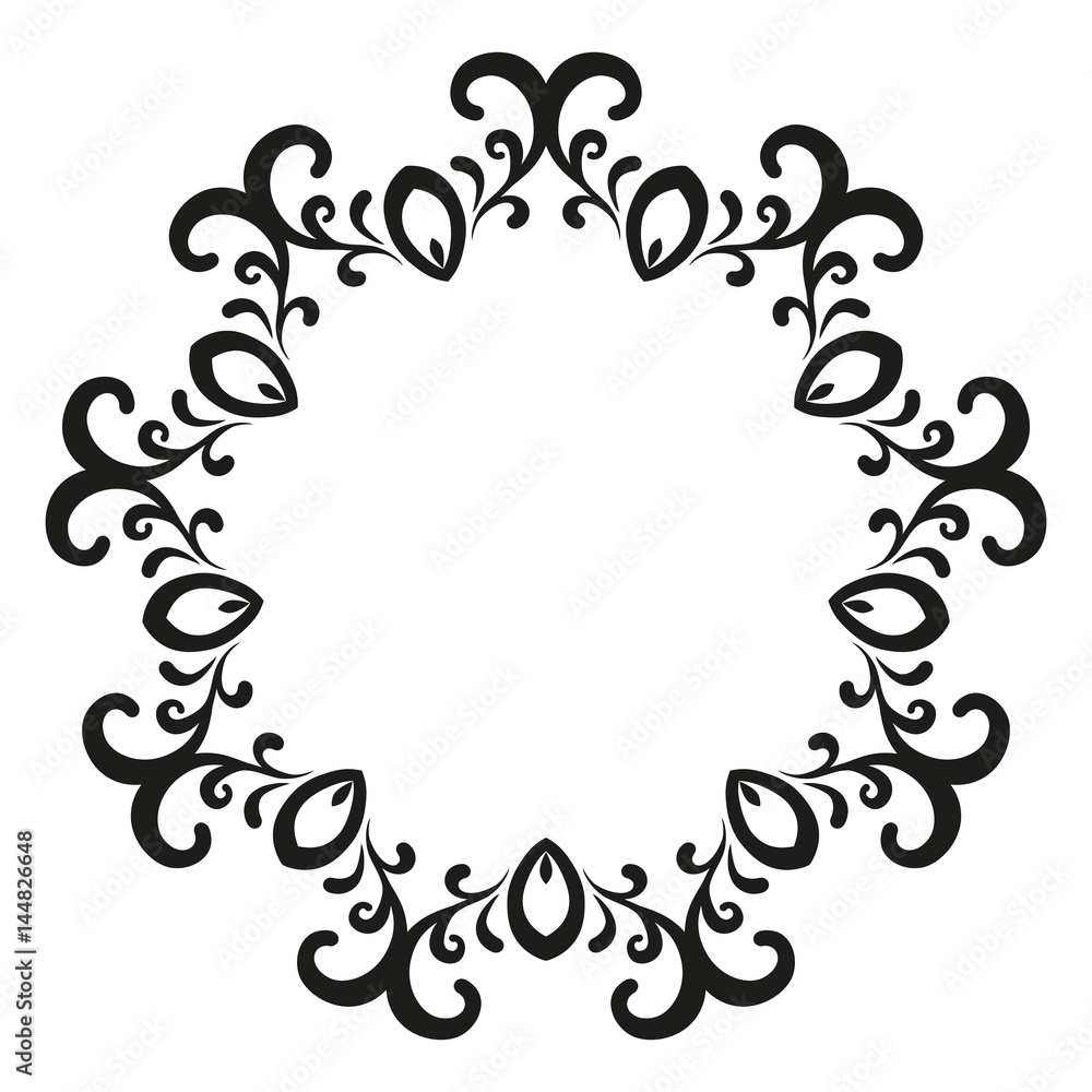 Round black and white frame with swirls. Decorative element for design of books, printed materials, invitation for a wedding or a celebration, for albums.