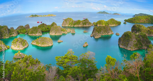 Raja Ampat marine park, Blue Lagoon next to Painemo Island among small islands, in West Papua, Indonesia, Asia. Horizontal panoramic view photo