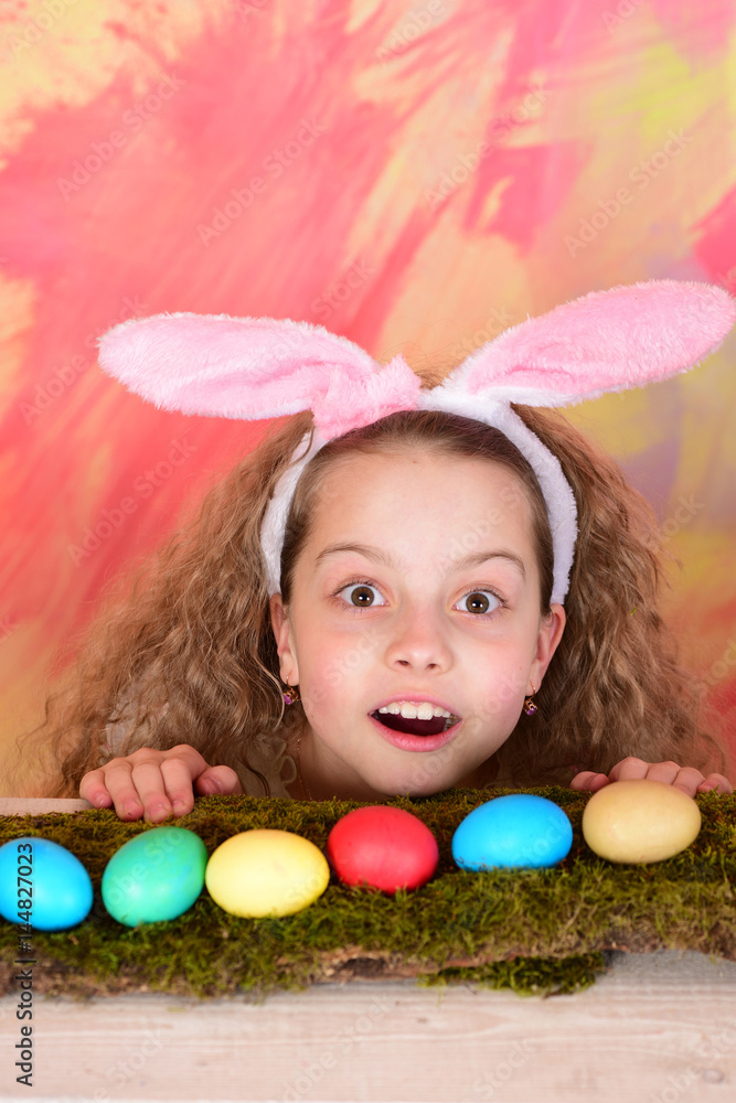 happy easter girl in bunny ears with colorful eggs happy easter girl in bunny ears with colorful eggs