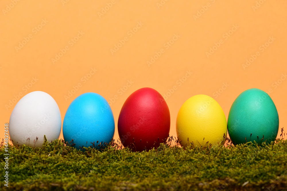 painted easter colorful eggs with green moss on orange background