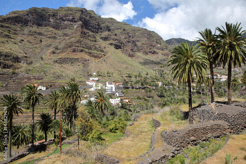 VALLE GRAN REY, LA GOMERA, SPAIN: Mountainous and green landscape with terraced fields and palm trees VALLE GRAN REY, LA GOMERA, SPAIN: Mountainous and green landscape with terraced fields and palm trees