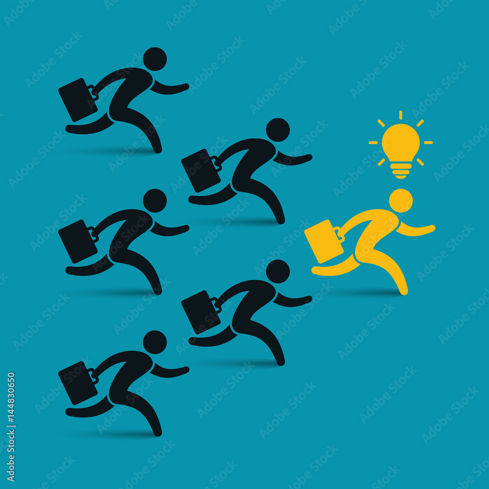 Running businessmen team following leader, vector leadership illustration.