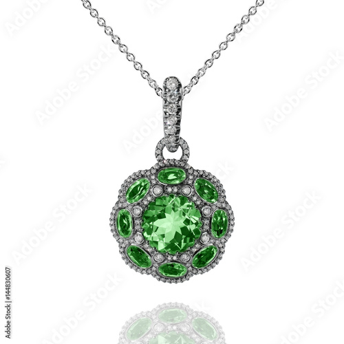 White gold pendant with green emeralds and white diamonds