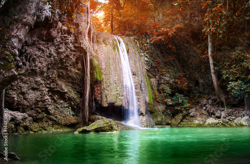 Waterfall and leaves change colors.