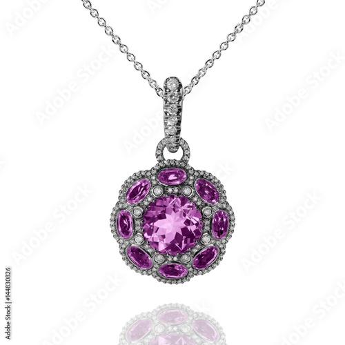 White gold pendant with violet amethysts and white diamonds