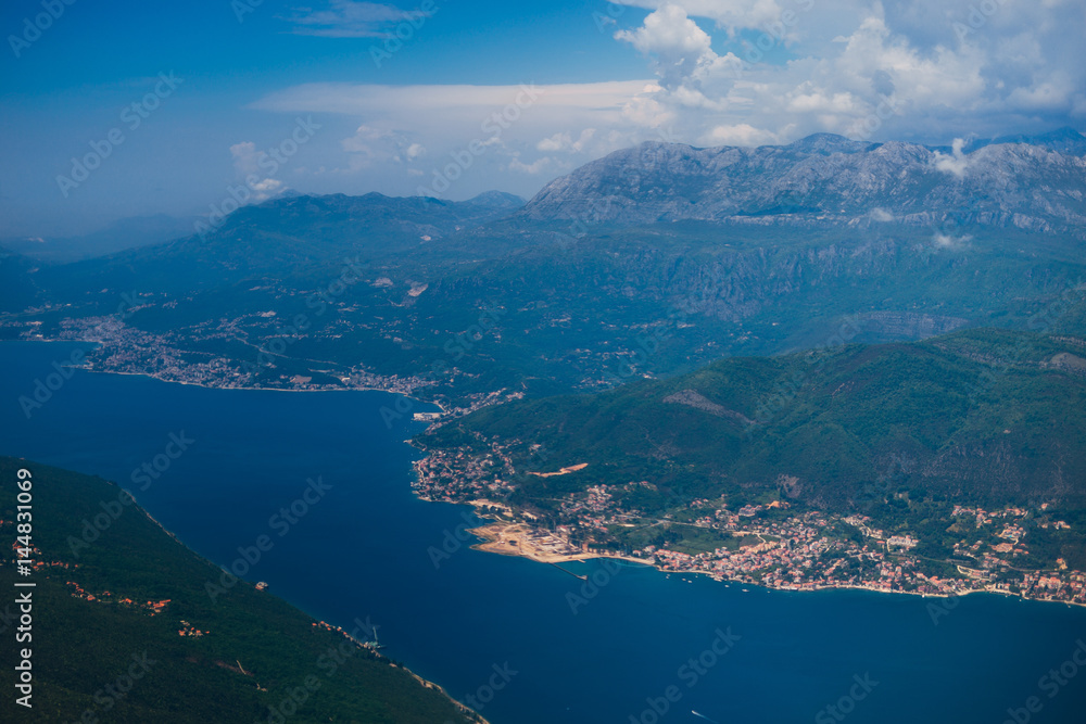 Montenegrin coast, view from the airplane. Aerial shooting