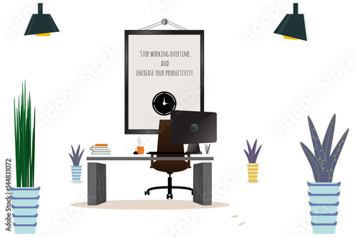 Illustration of modern workplace. Creative office workspace with map. Flat minimalistic style.