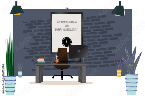 Illustration of modern workplace. Creative office workspace with map. Flat minimalistic style.