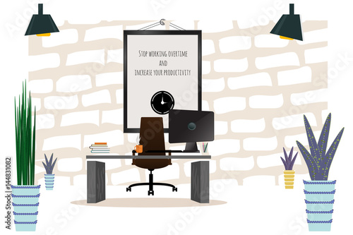 Illustration of modern workplace. Creative office workspace with map. Flat minimalistic style.