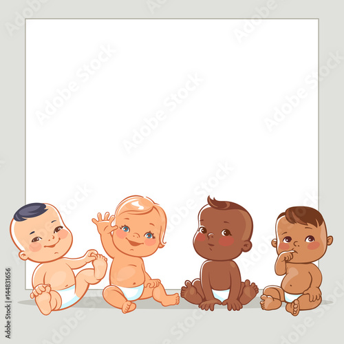 Cute little babies in diaper. Happy children of different nations.Smiling boys and girls of different races. Multinational kids. Diverse nationalities. Toddlers at blank banner. Vector illustration.