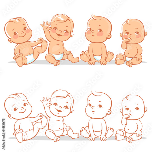 Cute little babies in diaper sitting together. Happy children. Girls and boys smiling waving hands. Vector illustration isolated on white background.