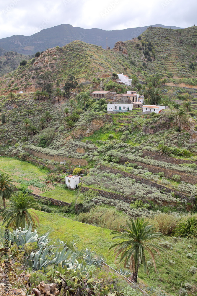LA GOMERA, SPAIN: Terraced fields and mountains near Vallehermoso