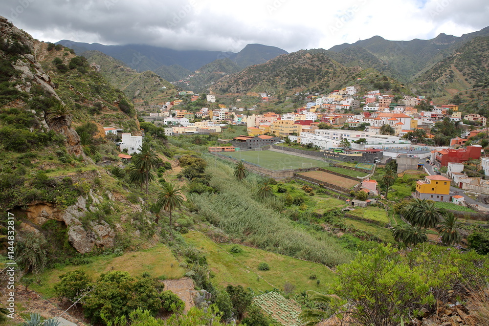 VALLEHERMOSO, LA GOMERA, SPAIN: General view of the valley with terraced fields and mountains