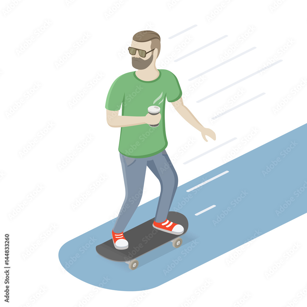 Hipster with beard and modern hairstyle. Man with takeaway coffee riding skateboard. Isometric view. Vector flat illustration.