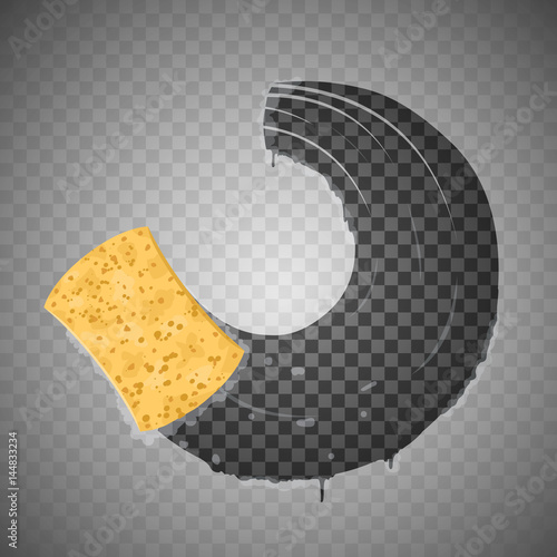 Yellow sponge wiping glass. Transparent effect. Vector Illustration.