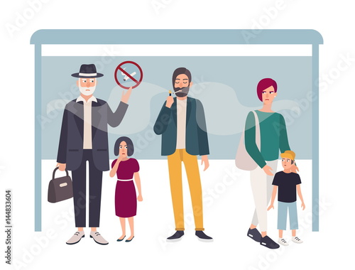 Passive smoking concept. Man smokes at a bus stop near non smoking people. Colorful vector illustration in flat style.