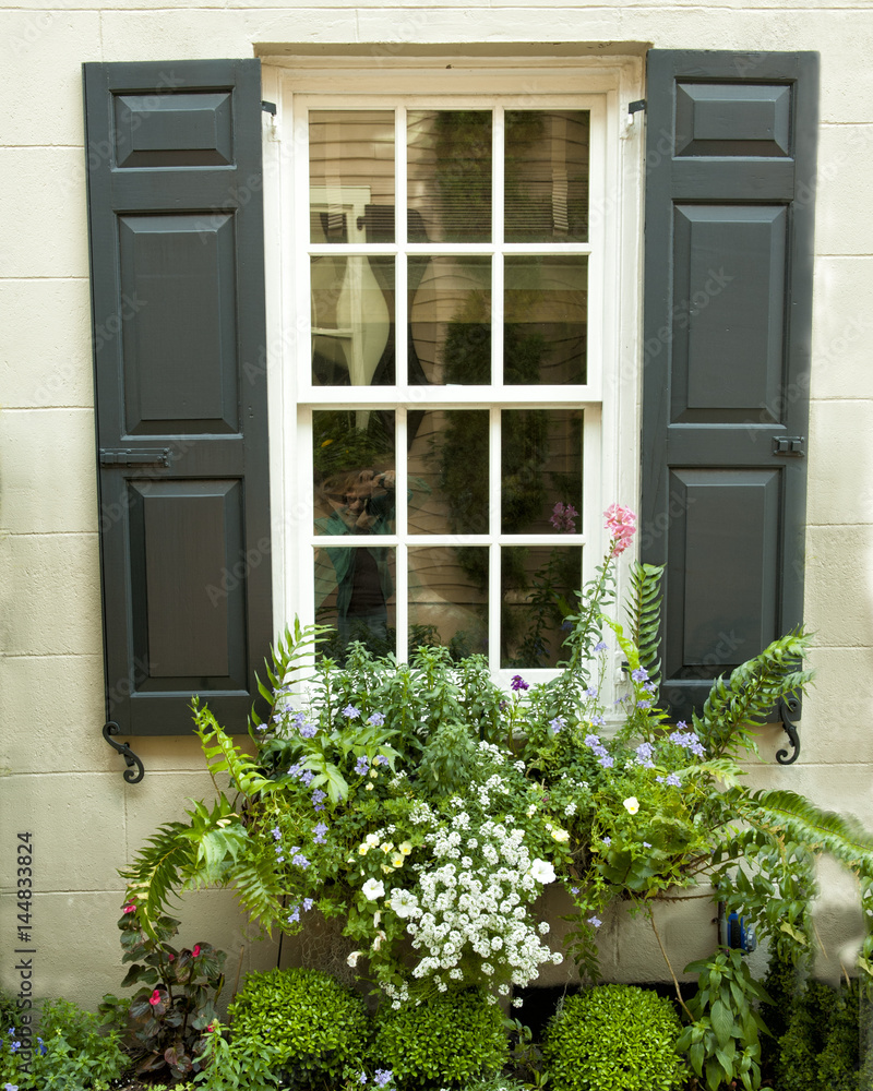 Window with shutters and window box full of flowers