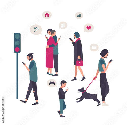 Gadgets, smartphone addiction conceptual illustration with people at street.