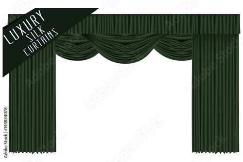 Green open theater curtains. Vector illustration. 