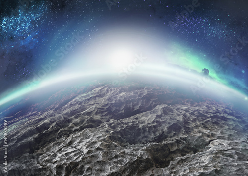 Fototapeta Naklejka Na Ścianę i Meble -  Extraterrestrial landscape of distant icy planet with nebulae