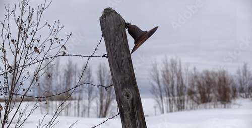 Old, rusty lantern on a fence with barbed wire.
Lamp post and barbed wire in a concentration camp. photo