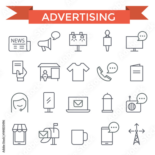 Advertising icons, thin line, flat design