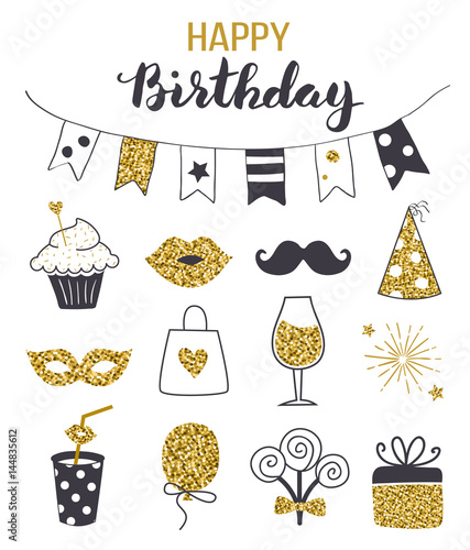 Birthday party icon set, black and gold colors, hand drawn style