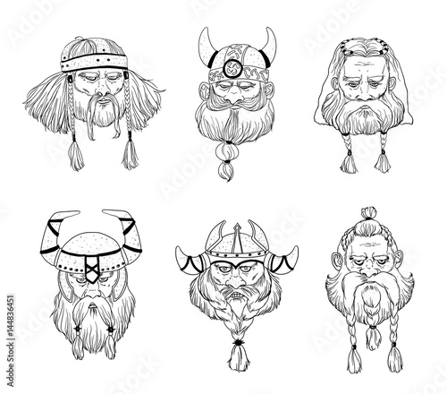 Viking, varangian, warriors head set. Hand drawn black and white portraits collection.