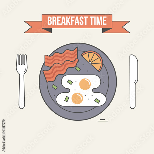 Breakfast time vector illustration. Table setting, plate with fried egg, bacon and lemon, fork and knife.