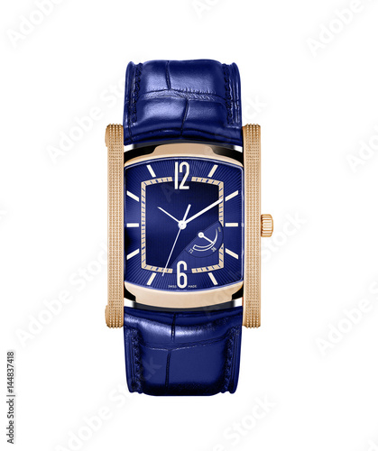 Luxury mechanical hand wound wrist watch, yellow gold case, power reserve, blue dial, blue alligator strap on white background isolated