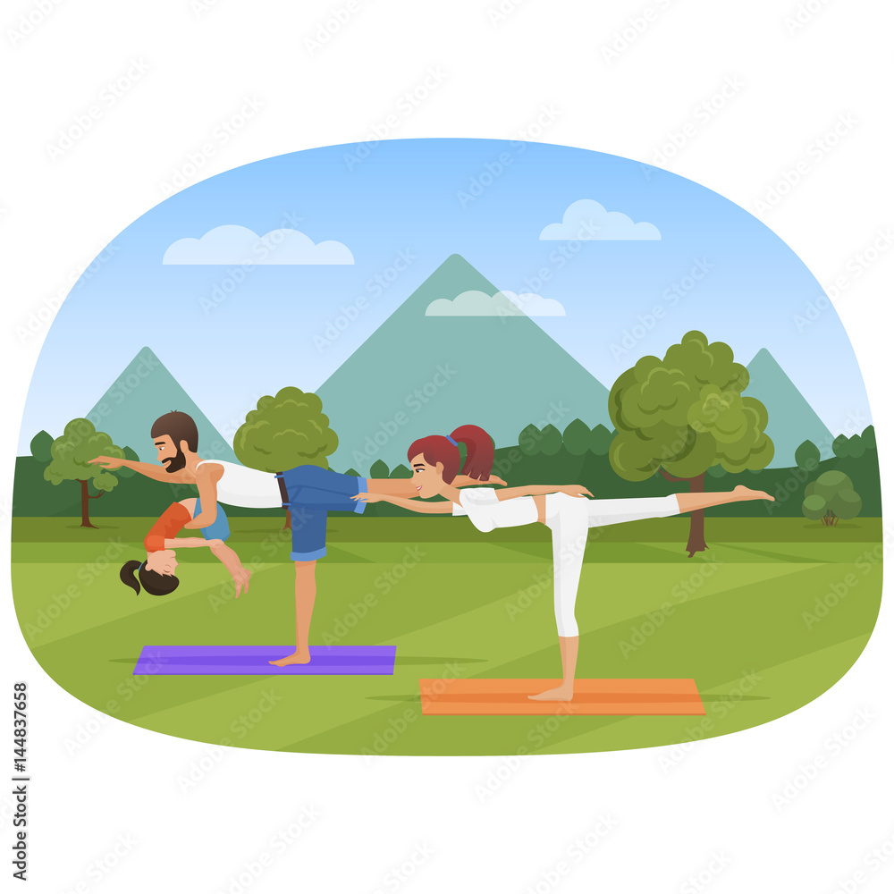 Parents with daughter kid does yoga various exercises. Family yoga vector illustration. Parents with daughter kid does yoga various exercises. Family yoga vector illustration.