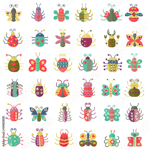 Color flat insects icons set. Simple flat Butterfly, bugs collection.