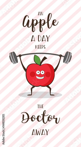 poster of happy apple exercise ad heavy lifting. Healthy lifestyle motivation poster