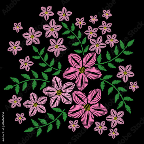 Fototapeta Naklejka Na Ścianę i Meble -  Embroidery stitches imitation with pink flower and green leaf