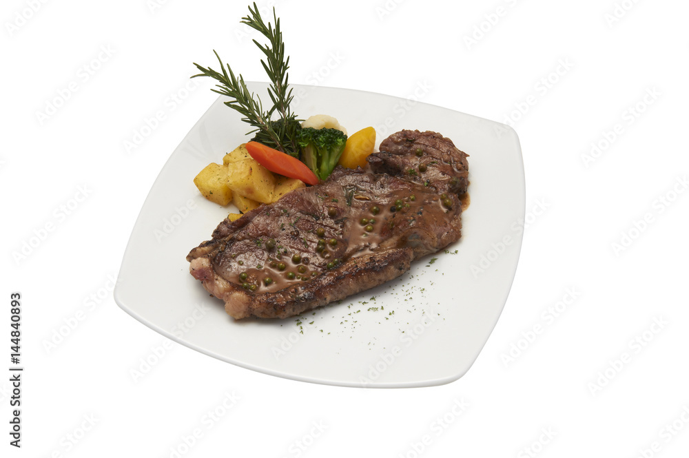 Isolated of sirloin steak with barbecue sauce.