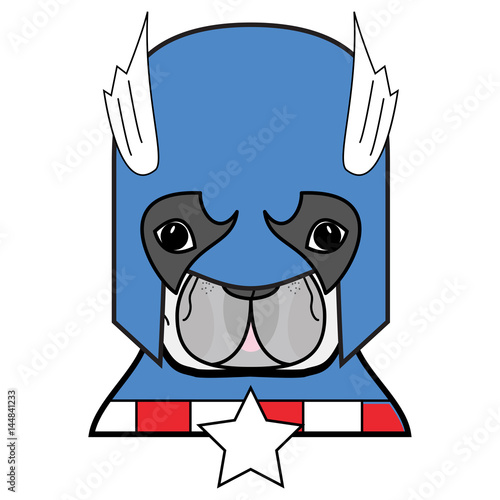 Superhero symbol  as  a French bulldog  character in blue, white red 