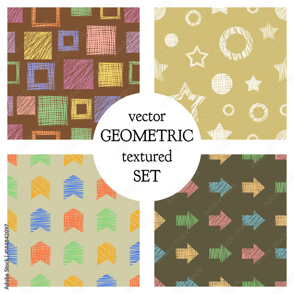 Set of seamless vector geometrical patterns with different geometric figures, forms. pastel endless background with hand drawn textured geometric figures. Graphic vector illustration